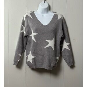 Mia & Tess Women's Grey White Star Intarsia V-Neck Knit Sweater Size Large